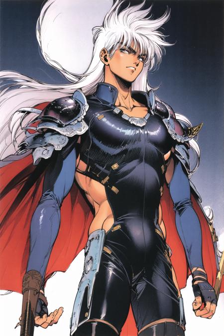 06116-3187658093-Kazushi Hagiwara, 1boy, male focus, cape, armor, white hair, long hair, retro artstyle, weapon, sword, solo, sheath, gloves, she.png